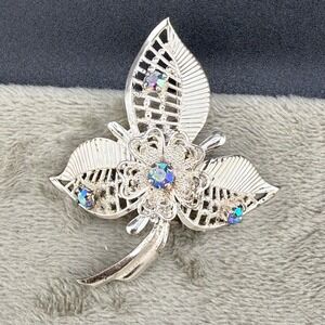 Vintage Triad Brooch Leaf Silver Tone Blue AB Rhinestone Signed 2.25in